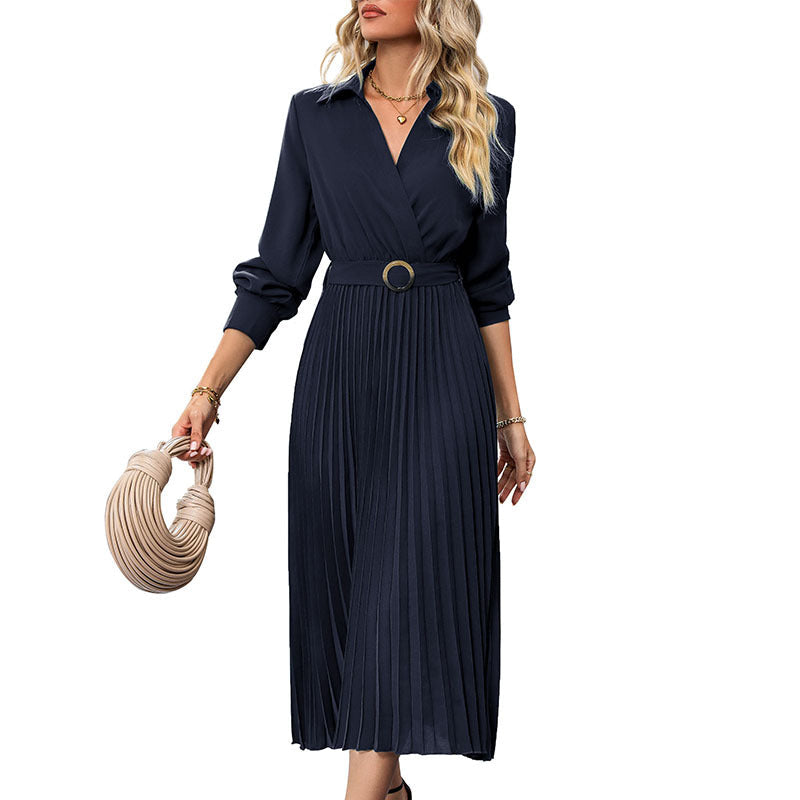 Women's Long Sleeve Pleated Shirt Dress with Adjustable Waist