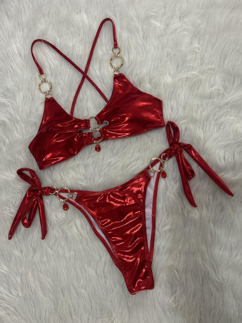 Glamorous Rhinestone Cutout Halter Bikini Set - Vacation Swimwear
