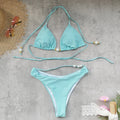 Sexy Ruched Three-Point Halter Bikini with Beaded Accents