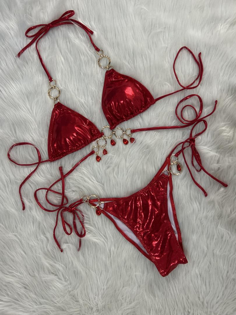 Glamorous Rhinestone Halter Bikini Set with Ruched Detail
