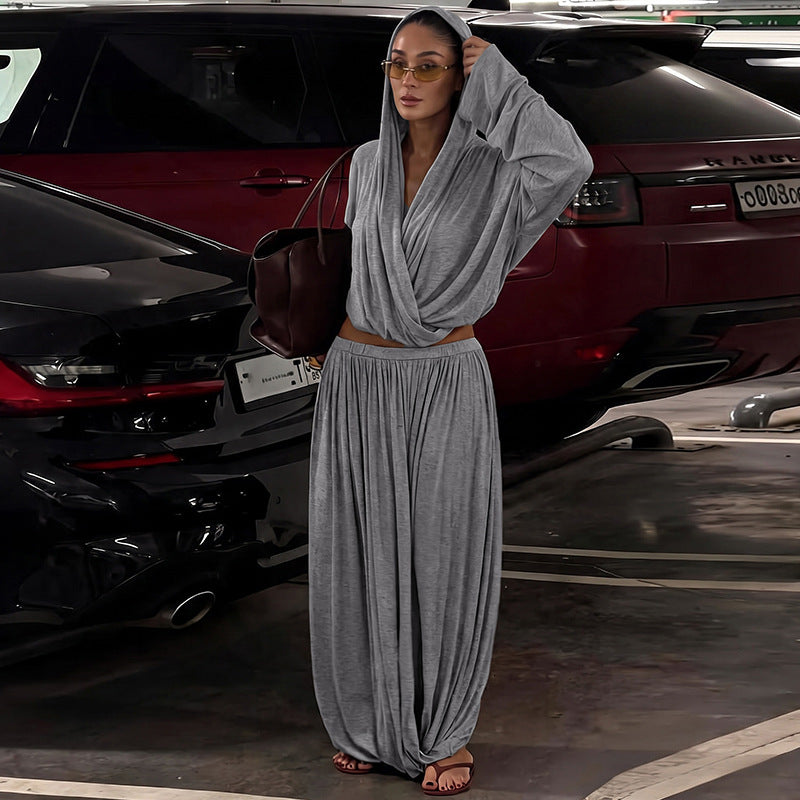 Summer Women Clothing Solid Color Idle Hooded Long Sleeve Top Pleated Loose Maxi Skirt Set