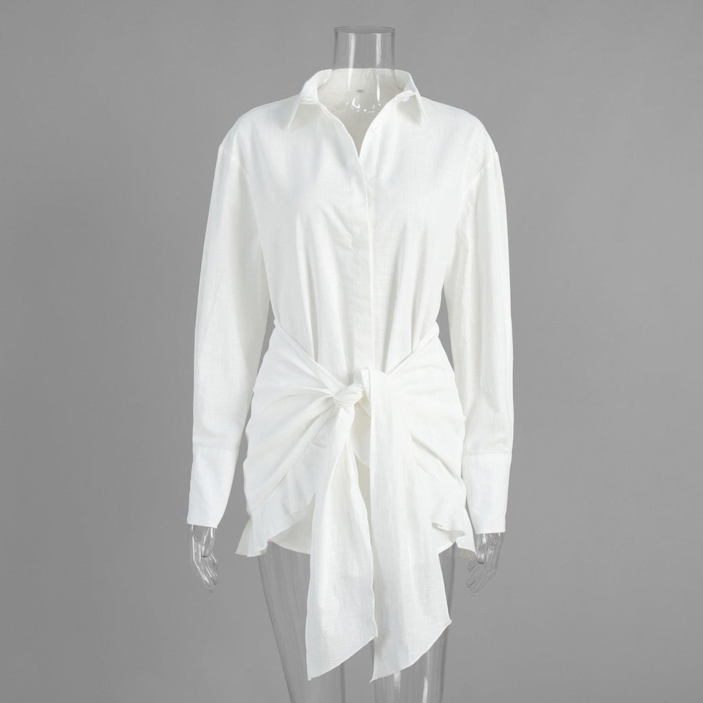 Shirt Dress Summer Vacation Lazy Solid Color Tied Collared Sheath Shirt Dress