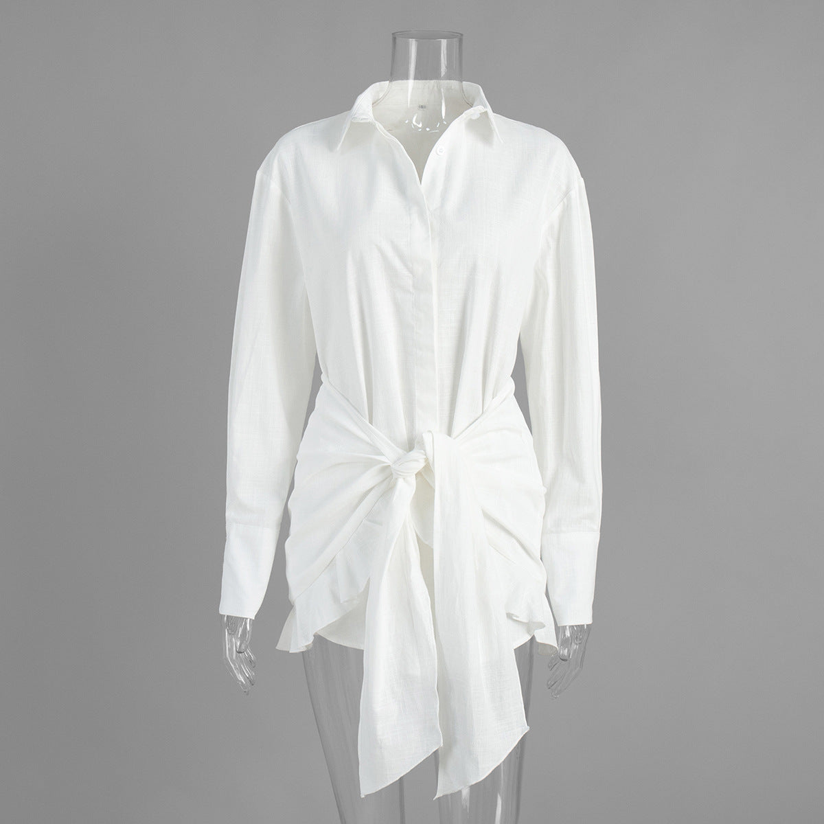Shirt Dress Summer Vacation Lazy Solid Color Tied Collared Sheath Shirt Dress