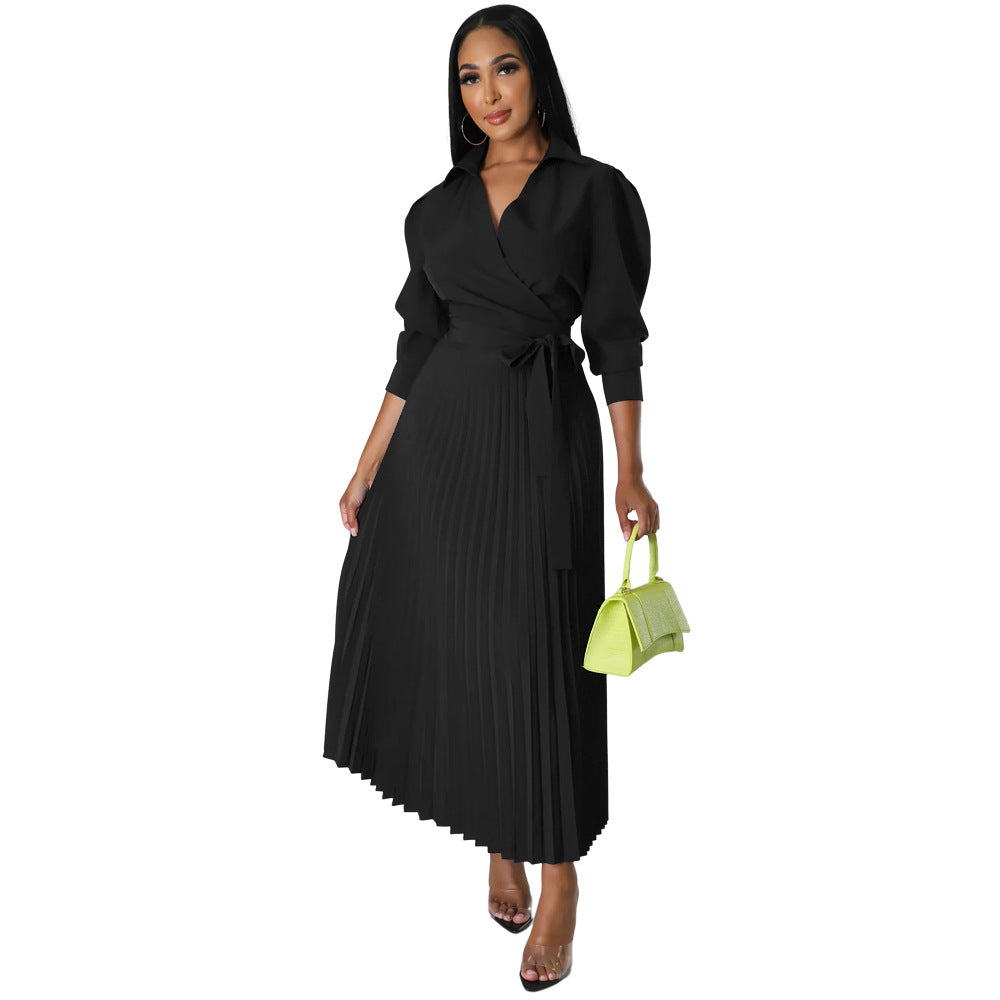 Spring Summer Long Sleeves Polo Collar High Waist Casual Pleated Women Clothing Dress
