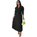 Spring Summer Long Sleeves Polo Collar High Waist Casual Pleated Women Clothing Dress