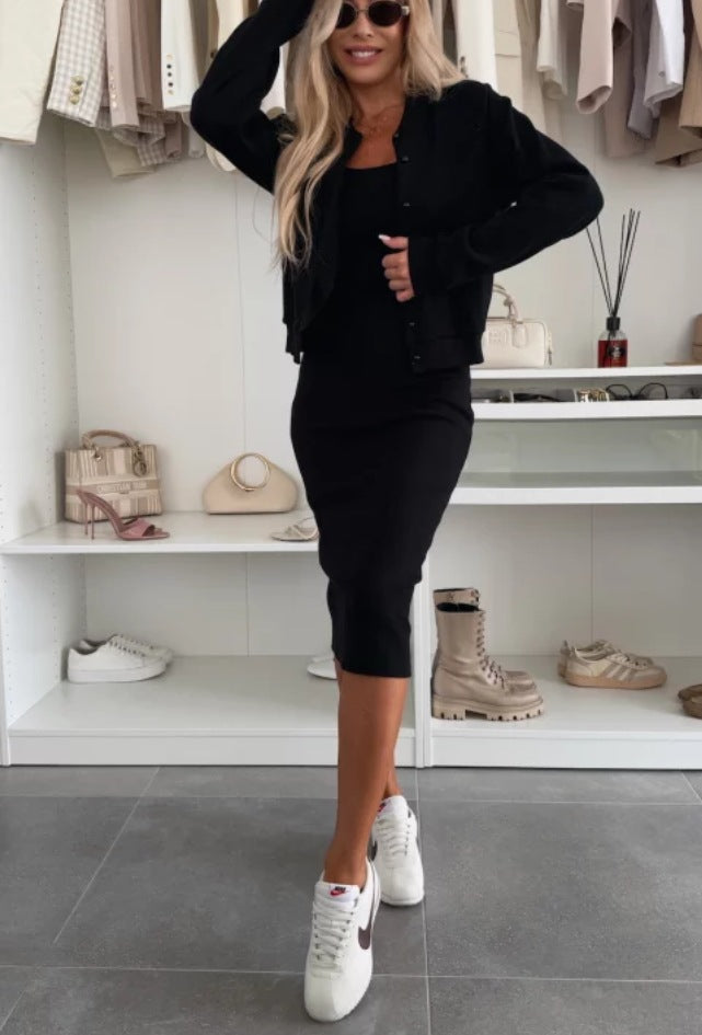 Solid Color Sling Dress and Long Sleeve Cardigan Two-Piece Set