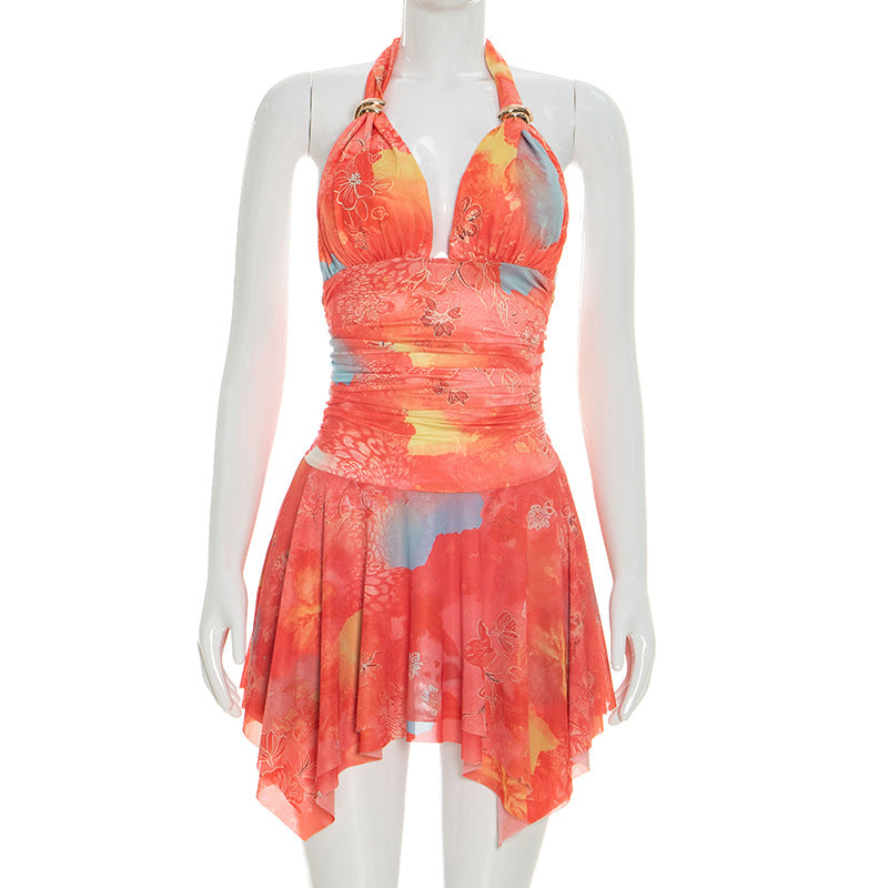Women Clothing Summer Casual Digital Printing Sleeveless Halter Lace up Ruffled Dress