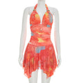 Women Clothing Summer Casual Digital Printing Sleeveless Halter Lace up Ruffled Dress