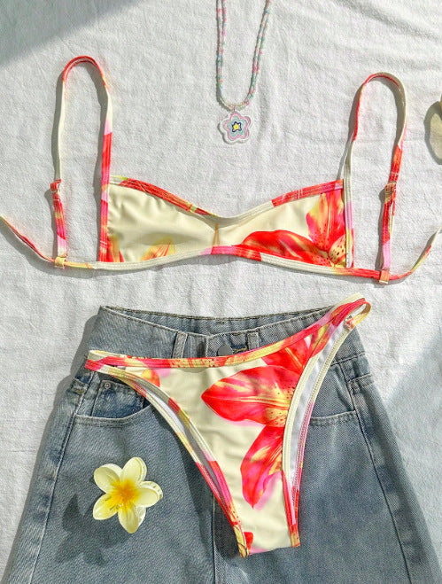 Floral Exposed Back Tie-Strap Bikini Set for Beach Vacation