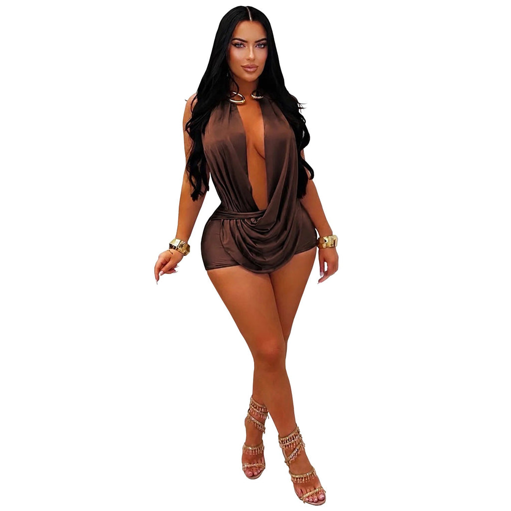Women Clothing Sexy Halter Deep V Plunge Nipped Waist Shorts Nightclub Party Strap Jumpsuit