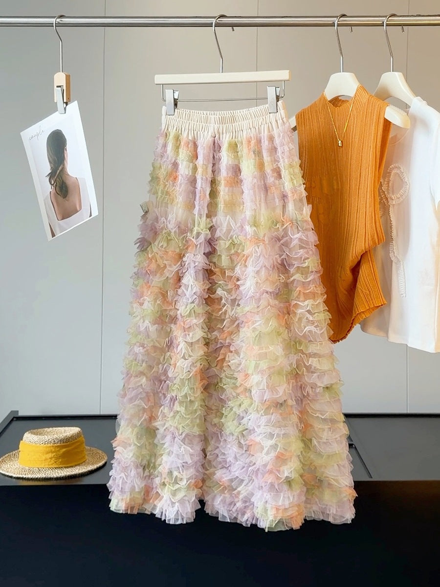Heavy Industry High Grade Color Wooden Ear Mesh Bubble Skirt Women Summer A Shaped Age Reducing Princess Tiered