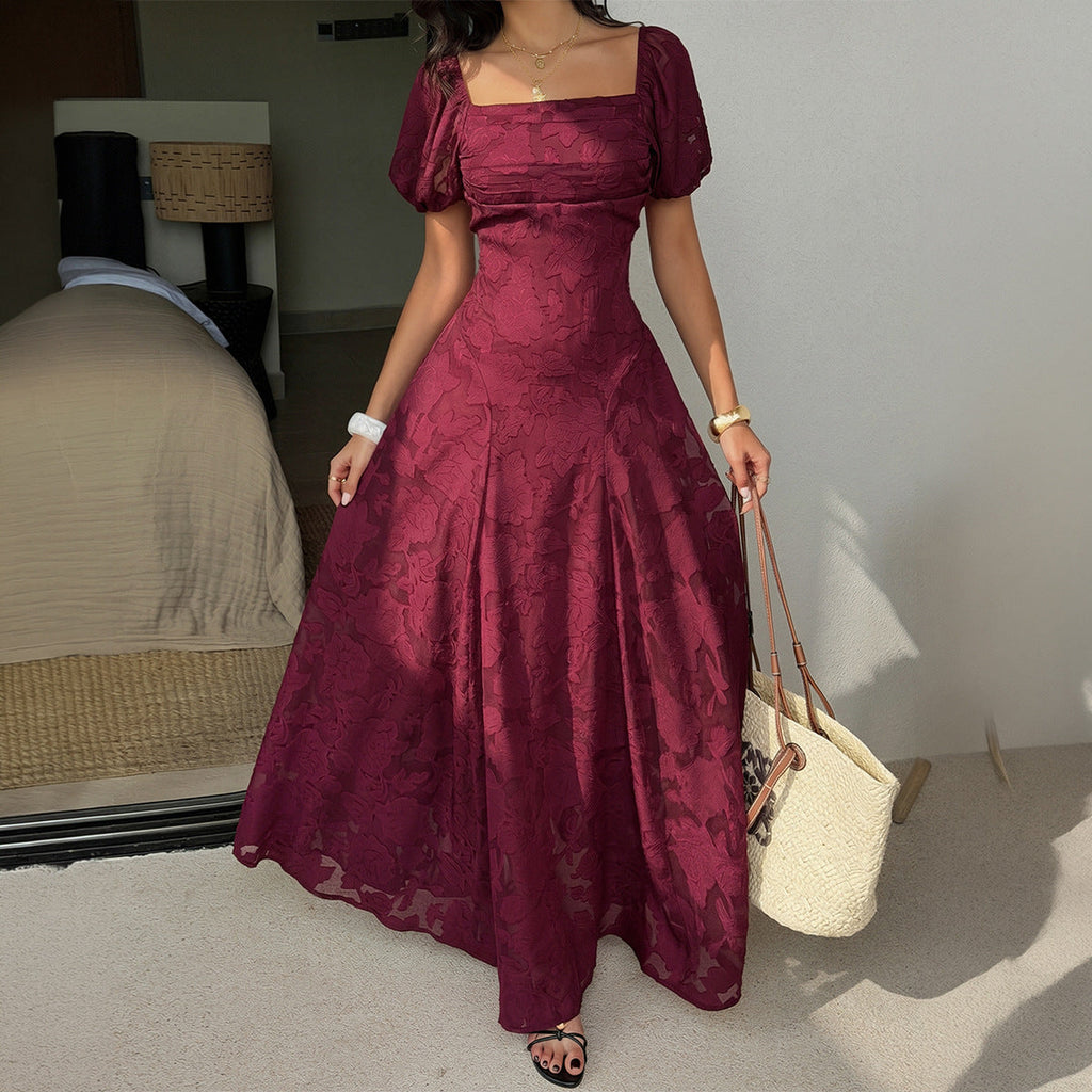 Retro Square Collar Puff Sleeve Jacquard Waist Dress Women Clothing Summer