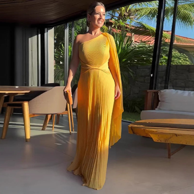 Diagonal Collar Cinched Waist Flounced Long Dress
