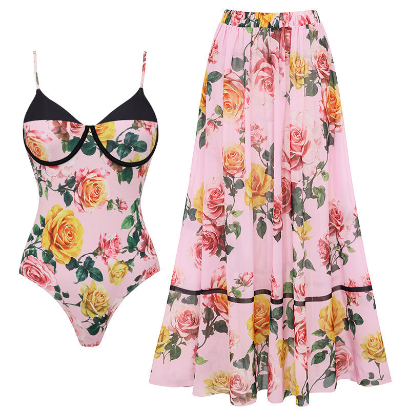 Pink Floral Asymmetric Ruched Swimsuit Set for Vacation