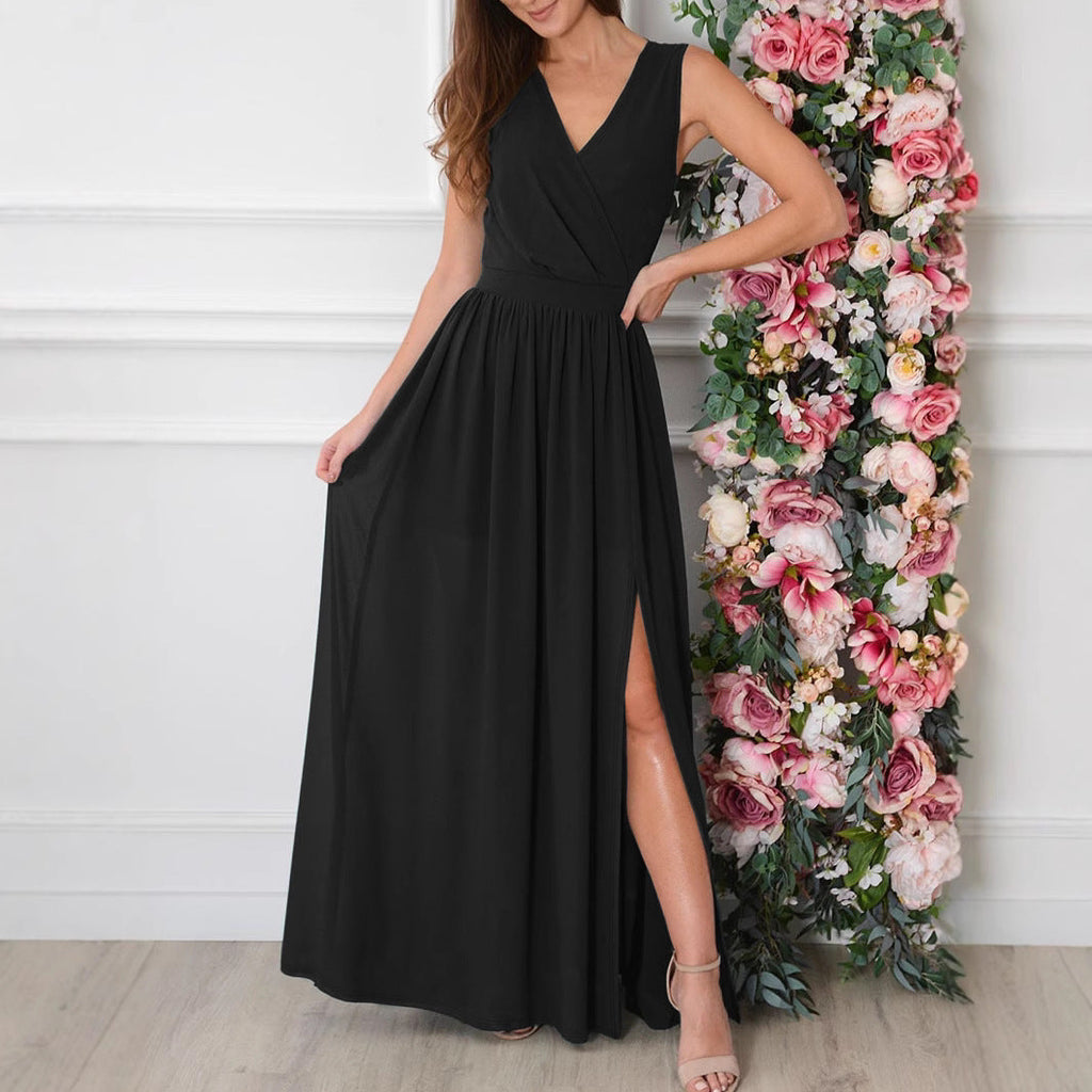Women Clothing Summer Solid Color V neck Sexy Slit Hemline Hem Dress