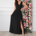 Women Clothing Summer Solid Color V neck Sexy Slit Hemline Hem Dress