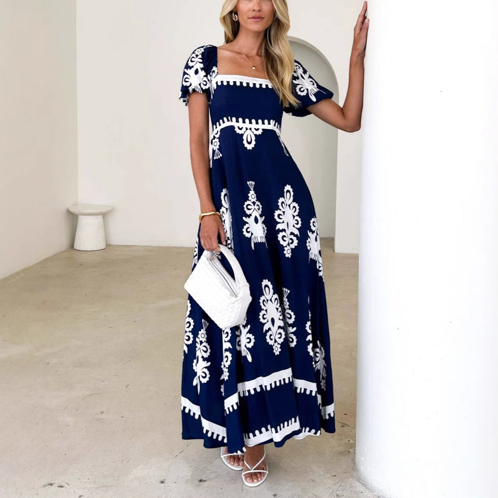 Summer Women Clothing Vacation Printed Beach Dress Smocking Dress Women