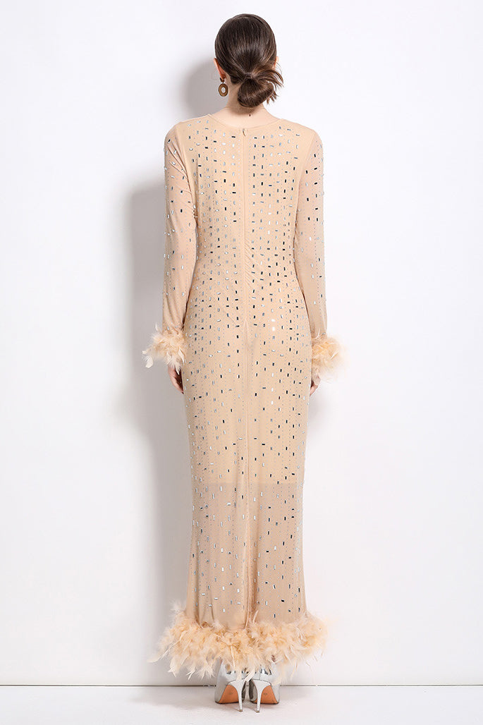Women's Rhinestone Feather Maxi Party Dress - Bodycon Long Sleeve