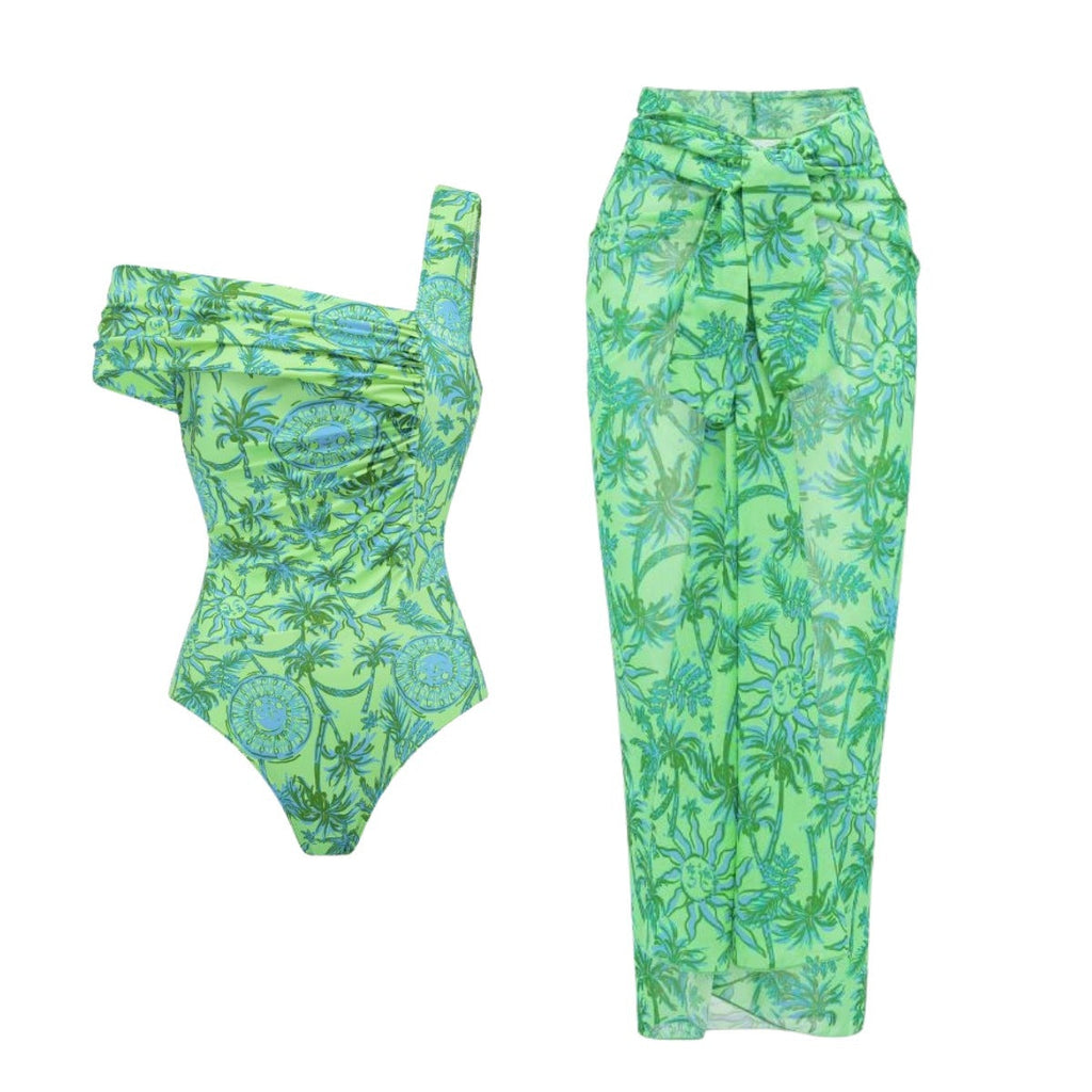 Swimsuit One Shoulder Green Fresh Holiday Floral Print One Piece Swimsuit Set