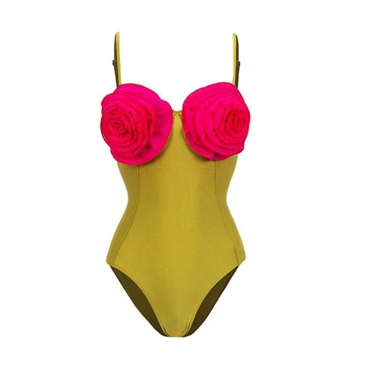 French One Piece Solid Color Women Swimsuit Solid Color Sexy Floral Short Skirt Swimsuit Women Bikini