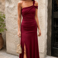 Wine Red Asymmetric Single Shoulder Formal Dress Women Halter Fold Split Hip Fishtail Evening Dress