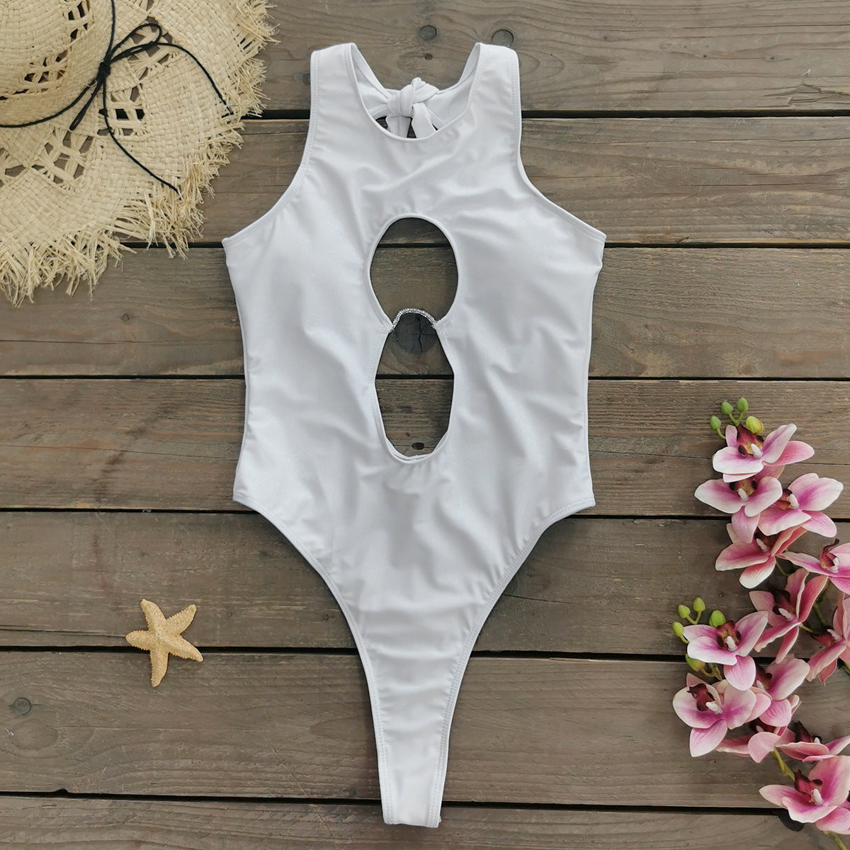 Pure White Hollow Out One Piece Swimsuit Sexy Cutout Tie Beachwear
