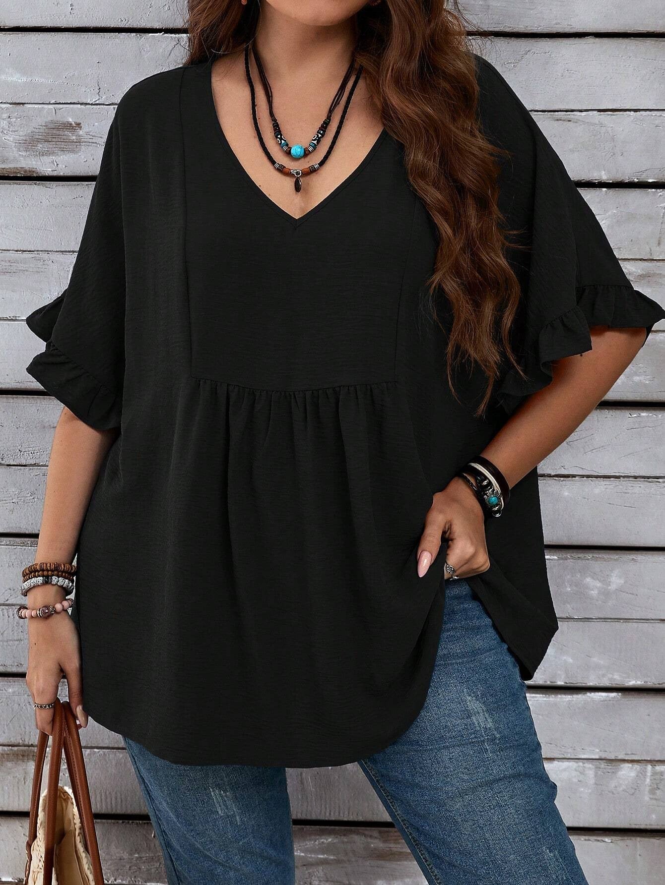 Plus Size Summer Women V neck Solid Color Loose Ruffled High Waist Half Sleeve Top