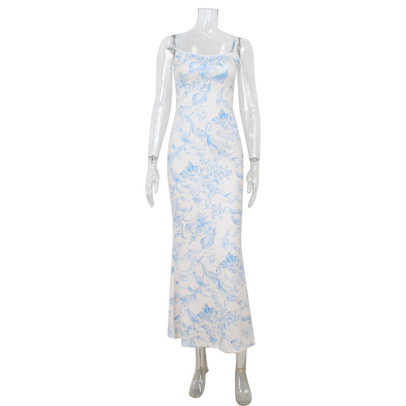 Summer Women Clothing Vintage Printing Slim Fit Slimming Spaghetti Straps Dress Vacation