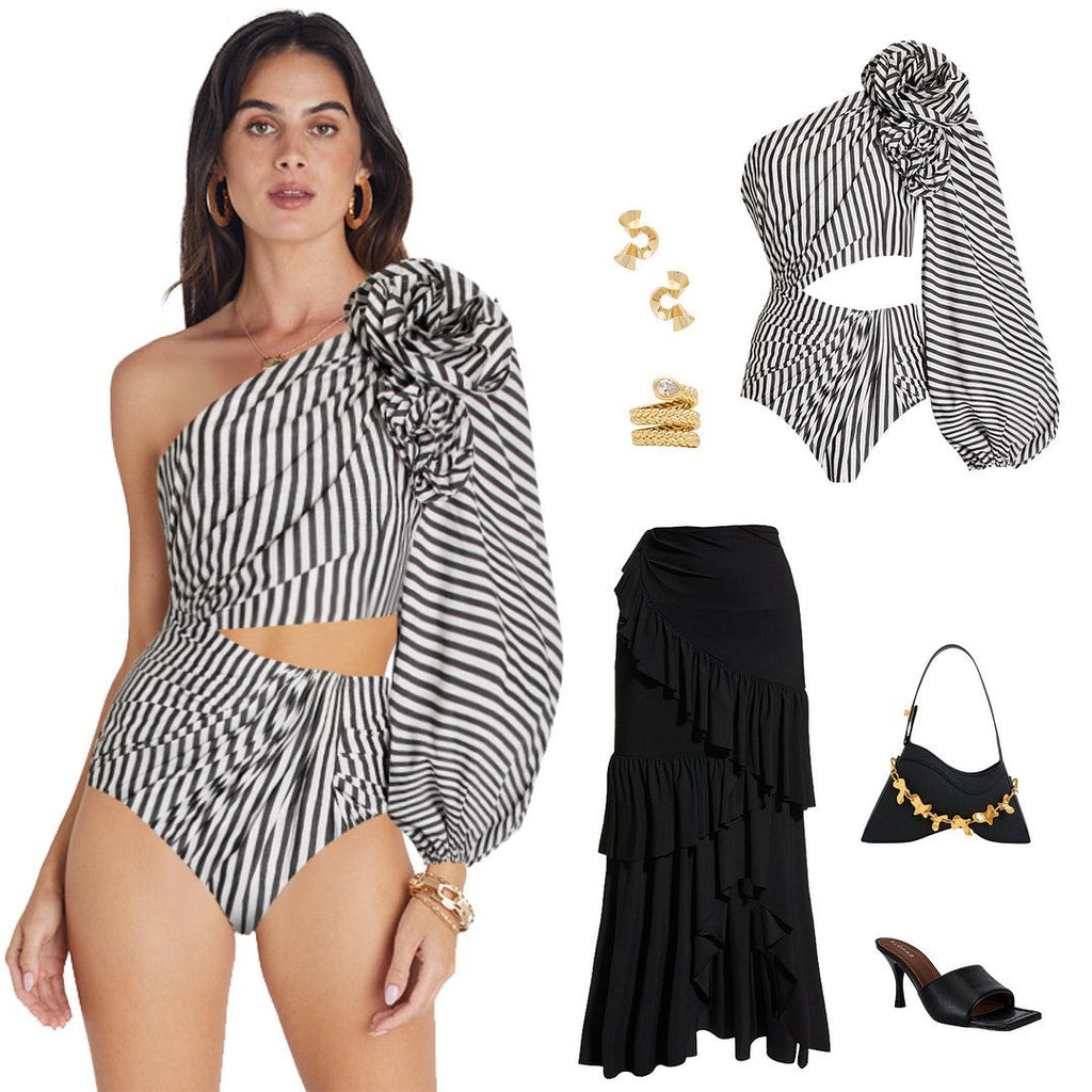 Sexy One Piece Swimsuit Women Pleated Ruffled Striped Swimsuit Bikini Mesh Maxi Dress