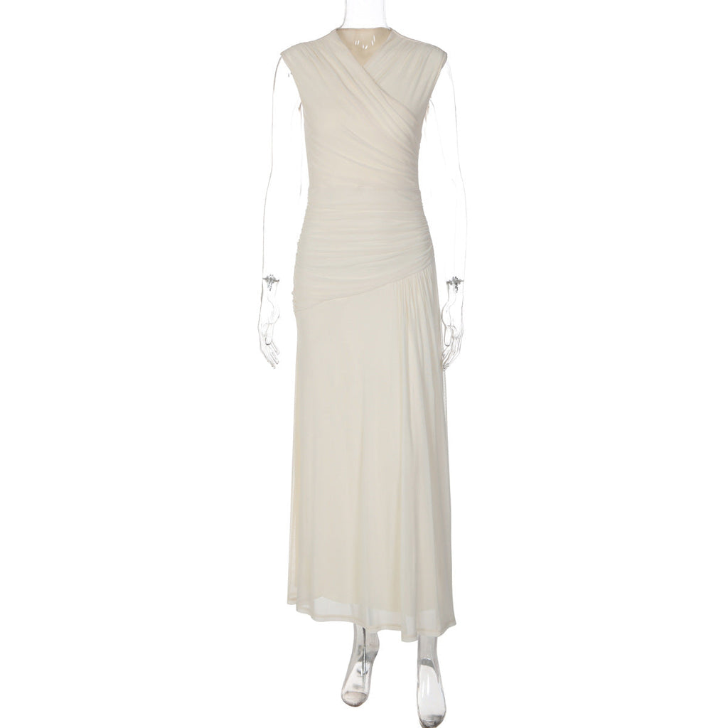 French V neck Solid Color Maxi Dress Summer Waist Slimming Draping Effect Maxi Dress