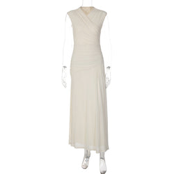 French V neck Solid Color Maxi Dress Summer Waist Slimming Draping Effect Maxi Dress
