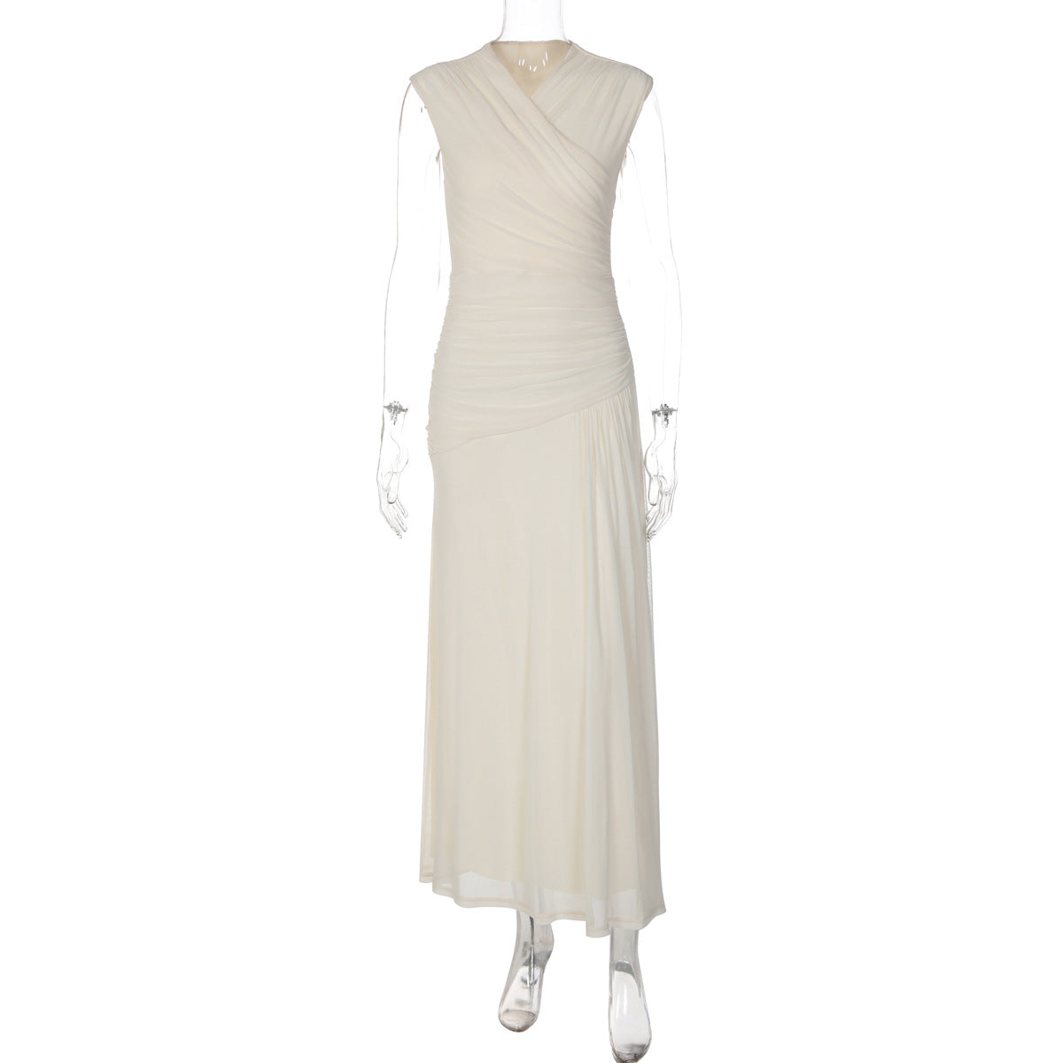 French V neck Solid Color Maxi Dress Summer Waist Slimming Draping Effect Maxi Dress