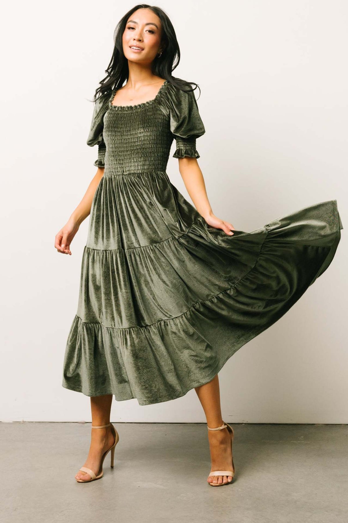 Spring Summer Gold Velvet Square Collar Ruffles High Waist Tight Office Dress