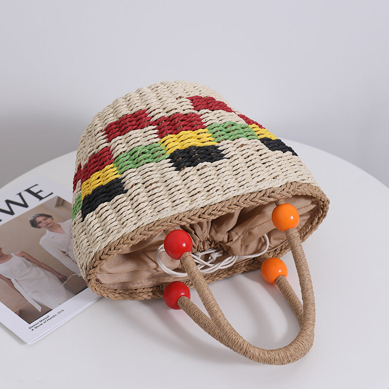 Woven Straw Picnic Basket Bag with Colorful Wooden Bead Accents