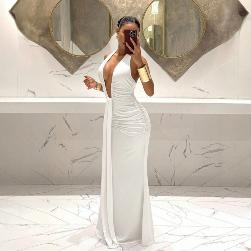 Women Halter Deep V Plunge Pleated Slim Fit Mopping Dress Slimming Sheath Fishtail Dress