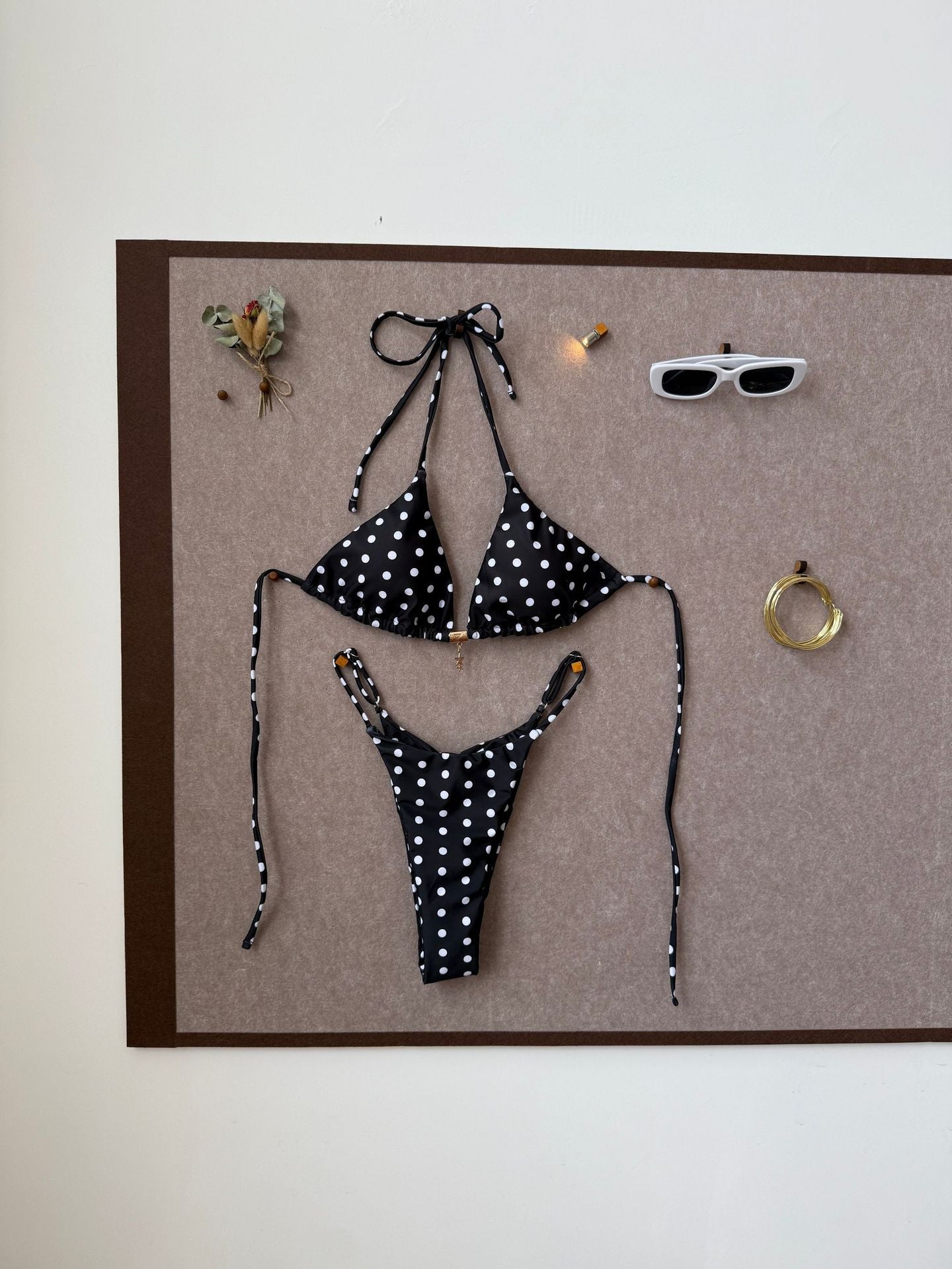 Polka Dot Halter Bikini with Color Splicing Detail