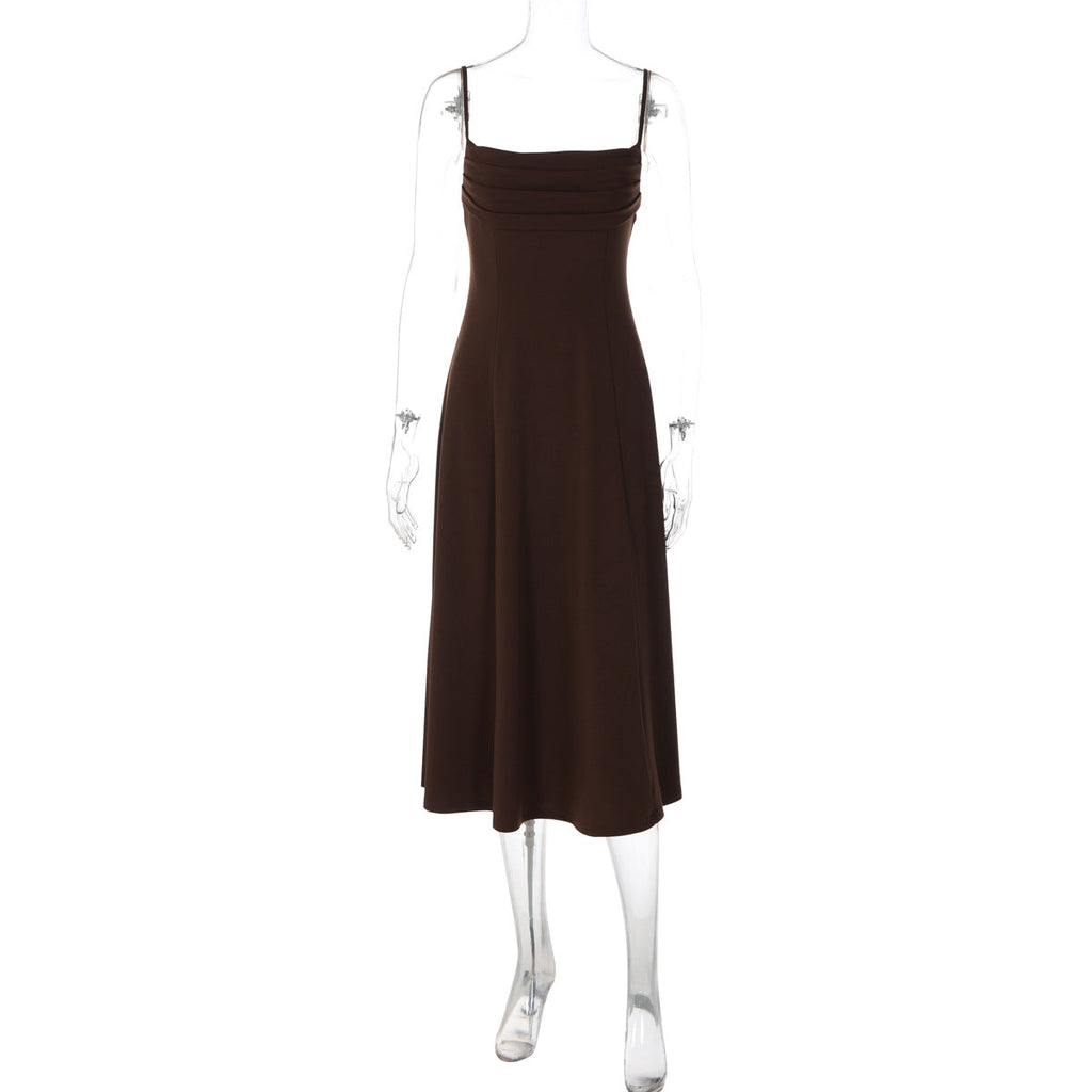 Women Clothing Summer Suspender Pleated off Neck Cinched Swing Dress Fashionable Elegant Dress
