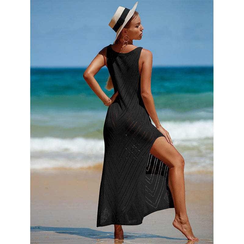 Travel Vacation Sexy Backless V neck Solid Color Breathable Knitted Maxi Dress Beach Sun Protection Blouse Crochet hook