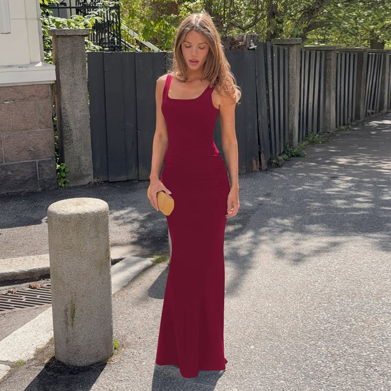 Women Summer Solid Color Low Cut Square Collar Slimming Slimming Dress