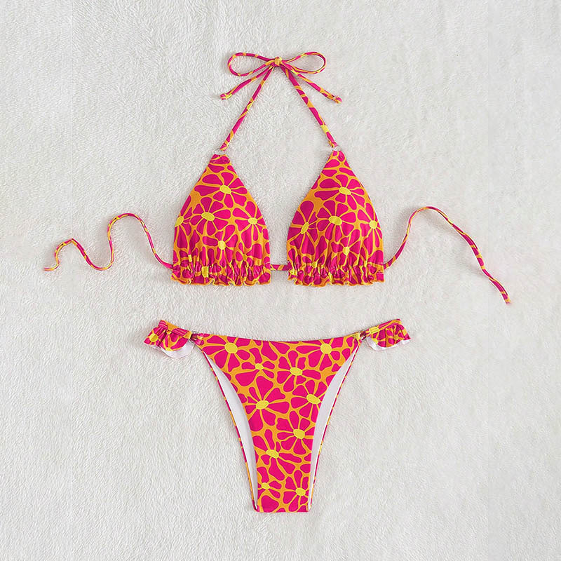 Floral Printed Halter Bikini with Ruffle and Ring Detail