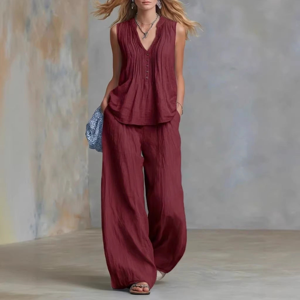 Women Clothing Summer Casual Stylish Solid Color Sleeveless V neck Set