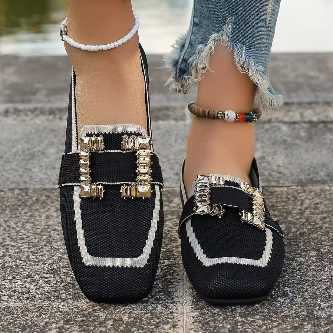 Women's Embellished Square Toe Knit Loafers Slip-On Flats - Image 5