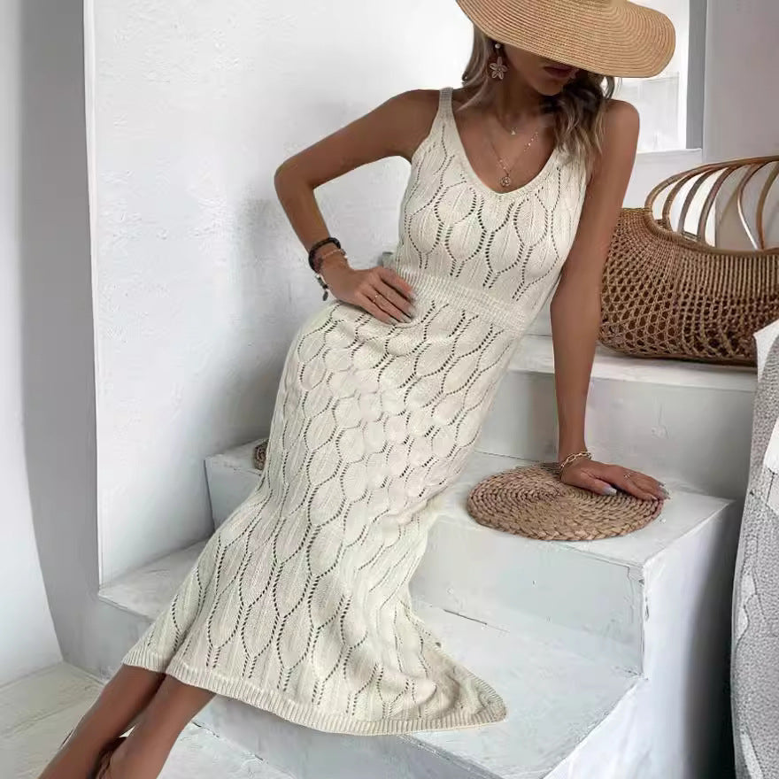 Spring Summer Sexy Hollow Out Cutout out See through Vacation Solid Color Backless Knitted Dress for Women