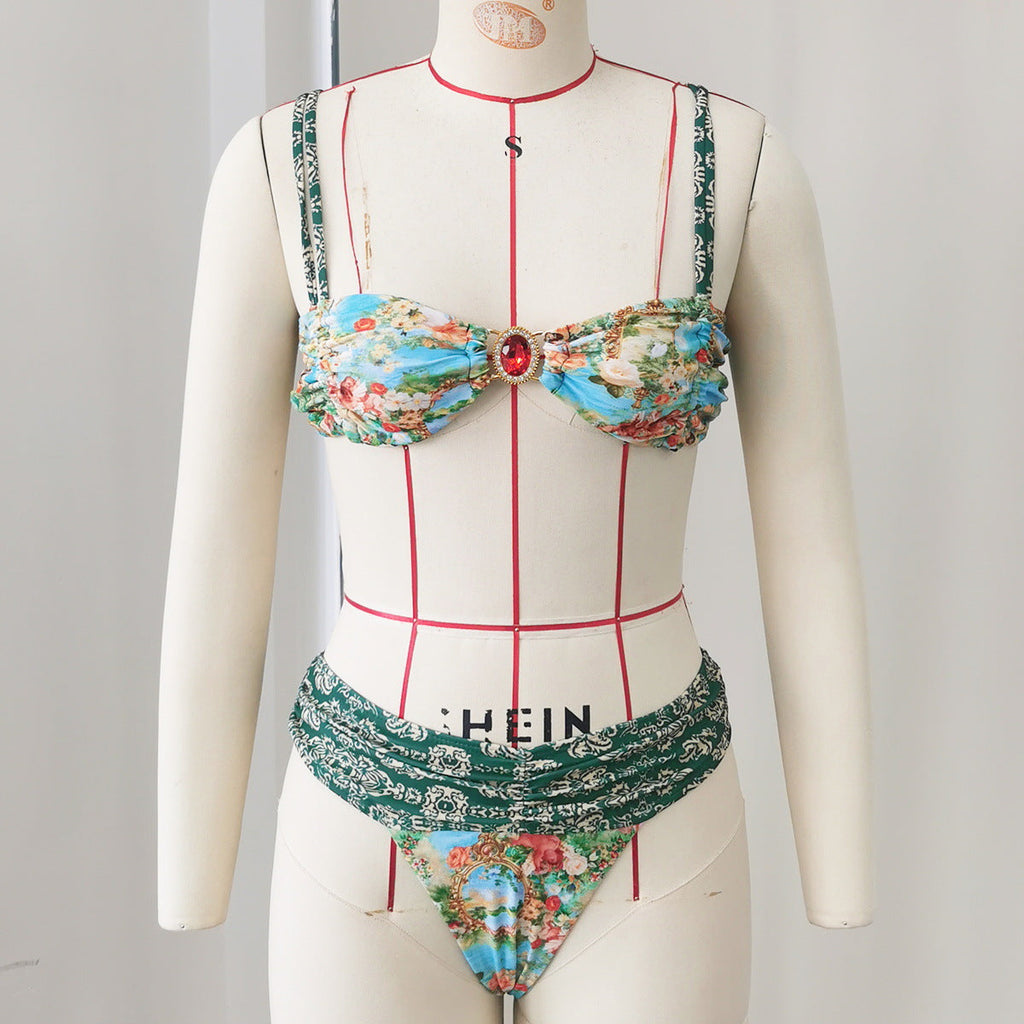 Vintage Floral Tube Top Ruched Rhinestone Bikini Split Swimsuit