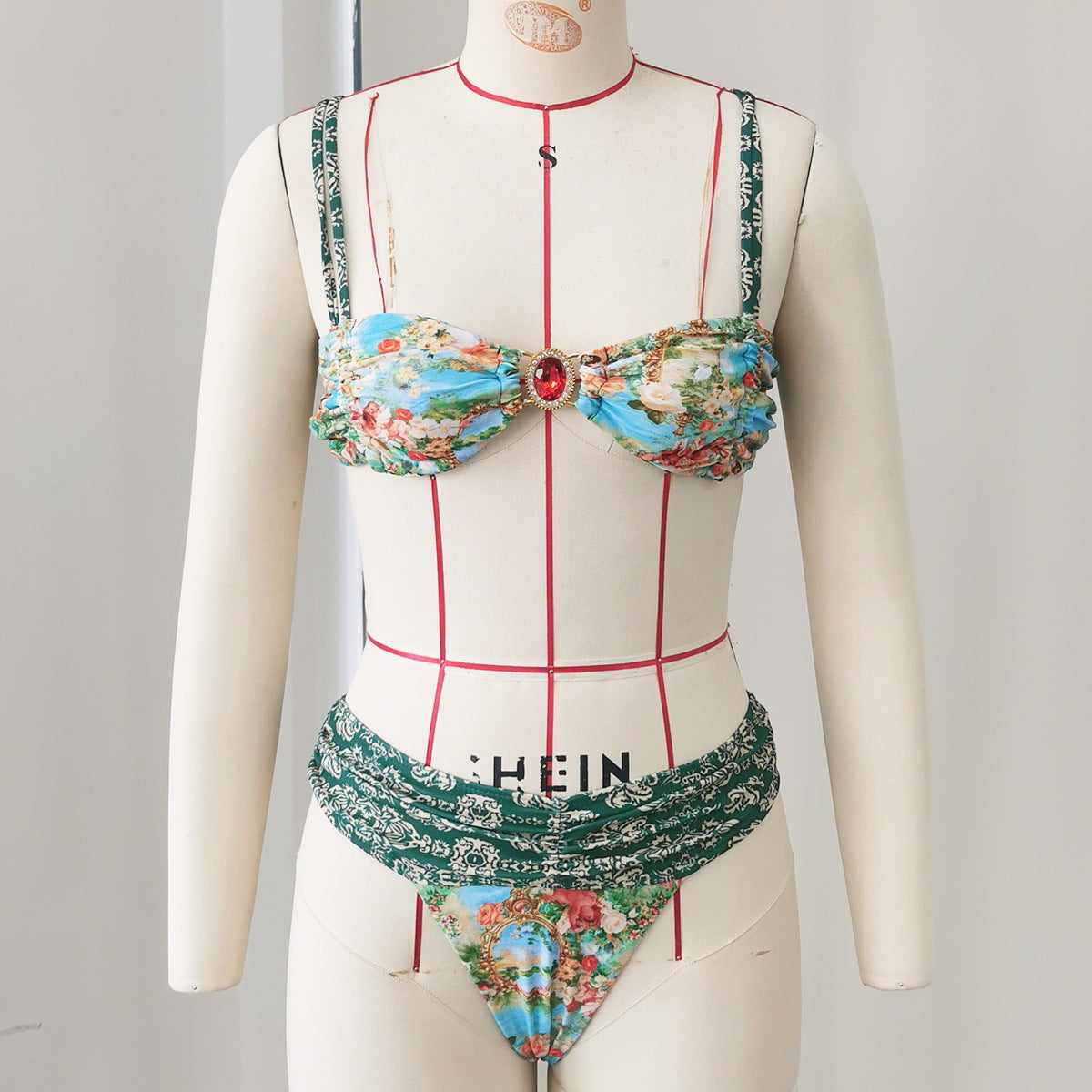 Vintage Floral Tube Top Ruched Rhinestone Bikini Split Swimsuit