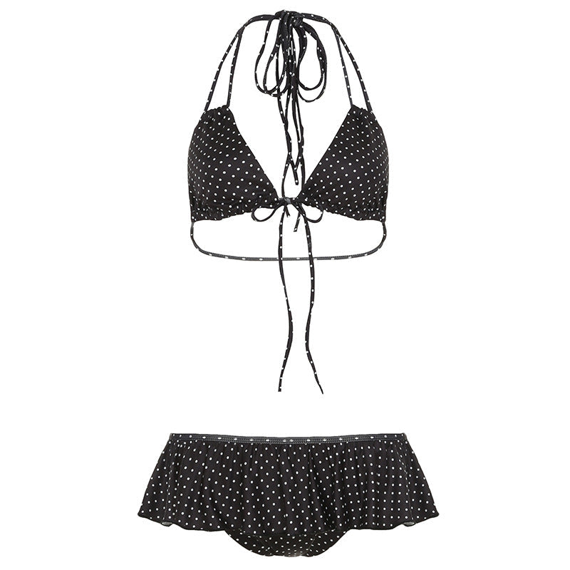 Women Clothing Vacation Swimsuit Sexy Sexy Polka Dot Print Tied Lotus Leaf Split Bikini Two Piece Sets