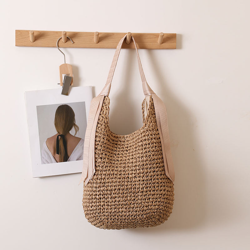 Woven Straw Shoulder Bag with Ribbon Detail Natural Green - Image 4