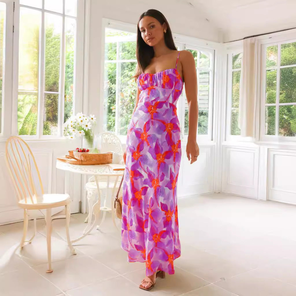 Fresh Sweet Summer Floral Print Backless Mid Length Dress