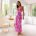 Fresh Sweet Summer Floral Print Backless Mid Length Dress