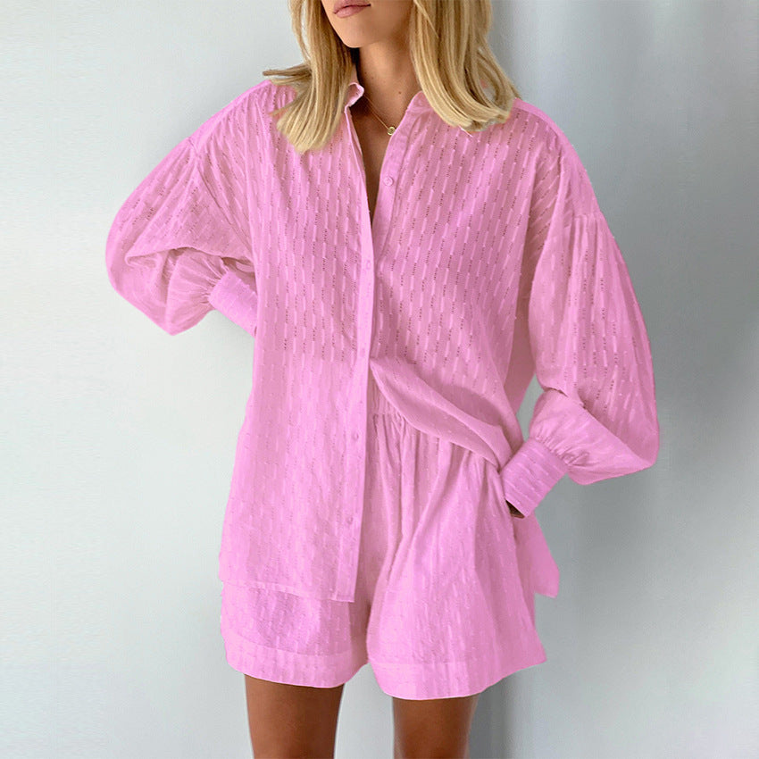Summer French White Jacquard Cotton Puff Sleeve Casual Shorts Set Ladies Homewear Cool Pajamas
